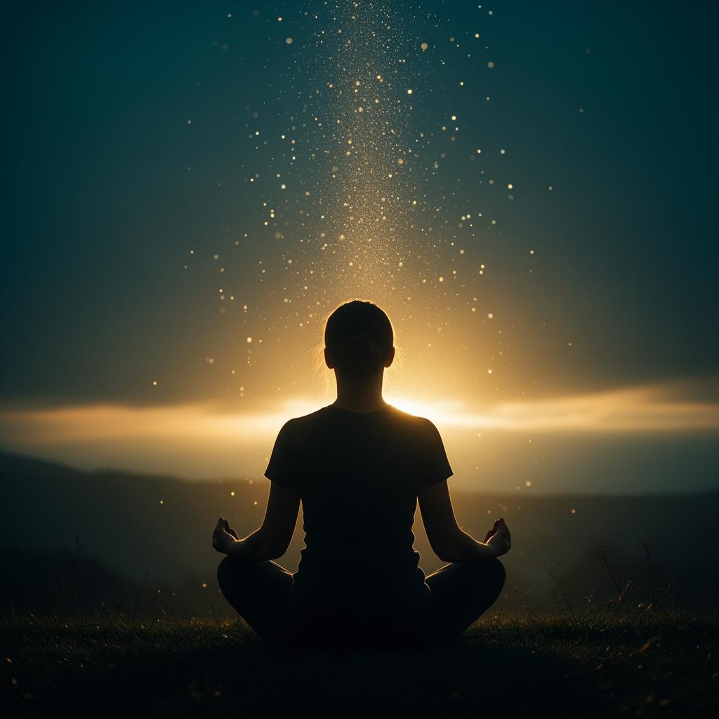 A person meditating at sunrise